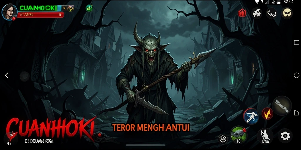 Tangkapan layar gameplay CUANHOKI menampilkan suasana horror yang mencekam.