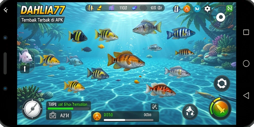 Tampilan gameplay seru dalam DAHLIA77 menembak ikan berwarna-warni.