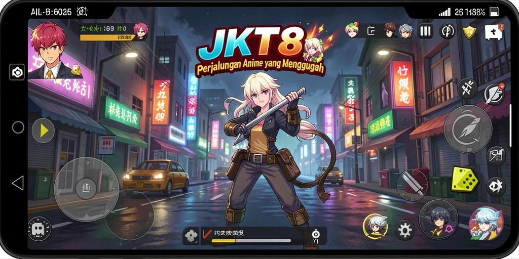 Tampilan gameplay JKT8 yang penuh aksi dan karakter anime.