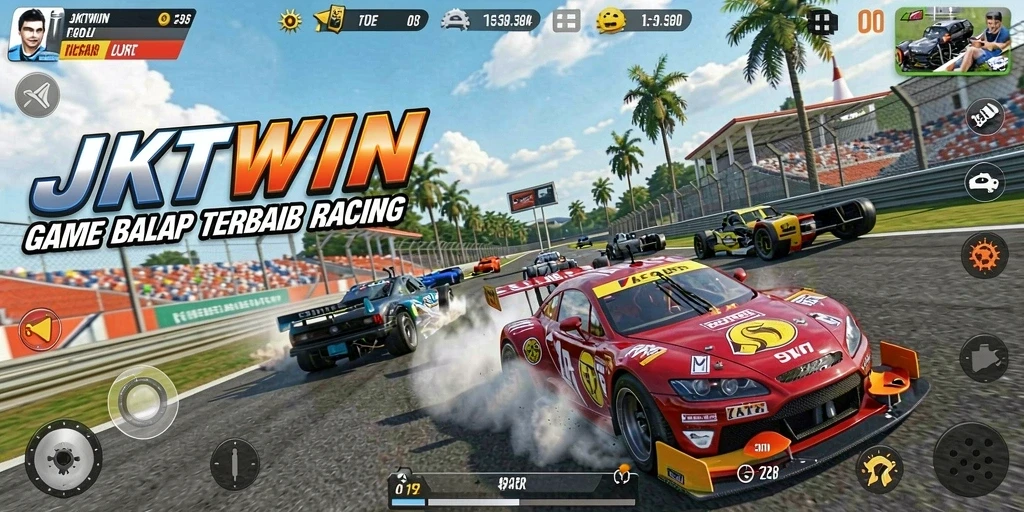 Screenshot gameplay JKTWIN menampilkan balapan mendebarkan di lintasan yang menchallenging.
