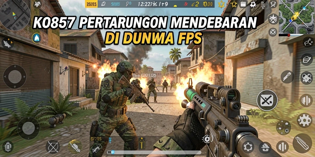 Screenshot utama KO857 menampilkan pertarungan intens di tengah arena FPS.