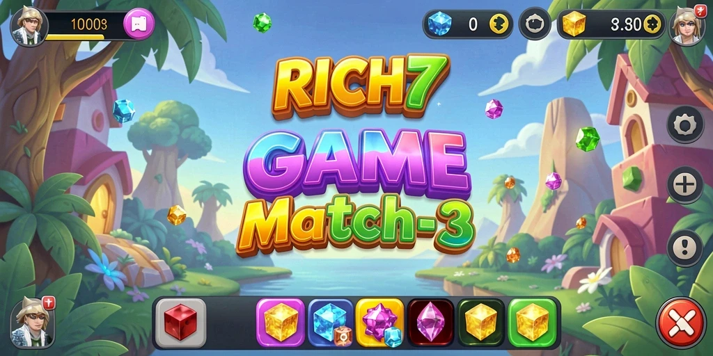 Screenshot RICH7 menunjukkan gameplay Match-3 yang seru dan penuh warna.