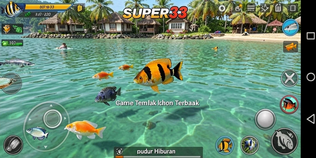 Tampilan gameplay seru dalam SUPER33 saat menembak ikan.
